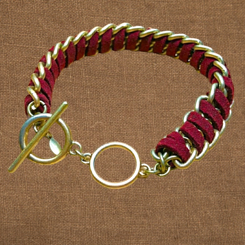 Premier Designs 'Cranberry' Links & Red Suede Cord Bracelet 7.5-8.5 " adjustable